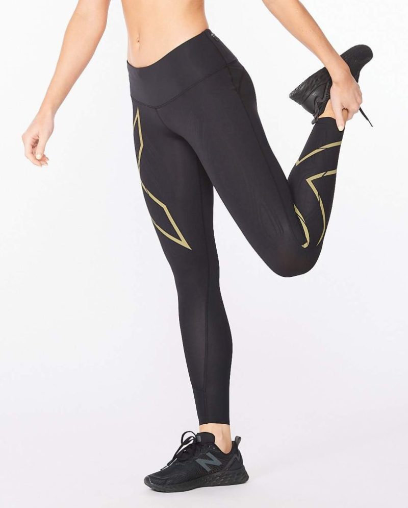 2xu malaysia light speed mid rise compression tights black gold reflective left